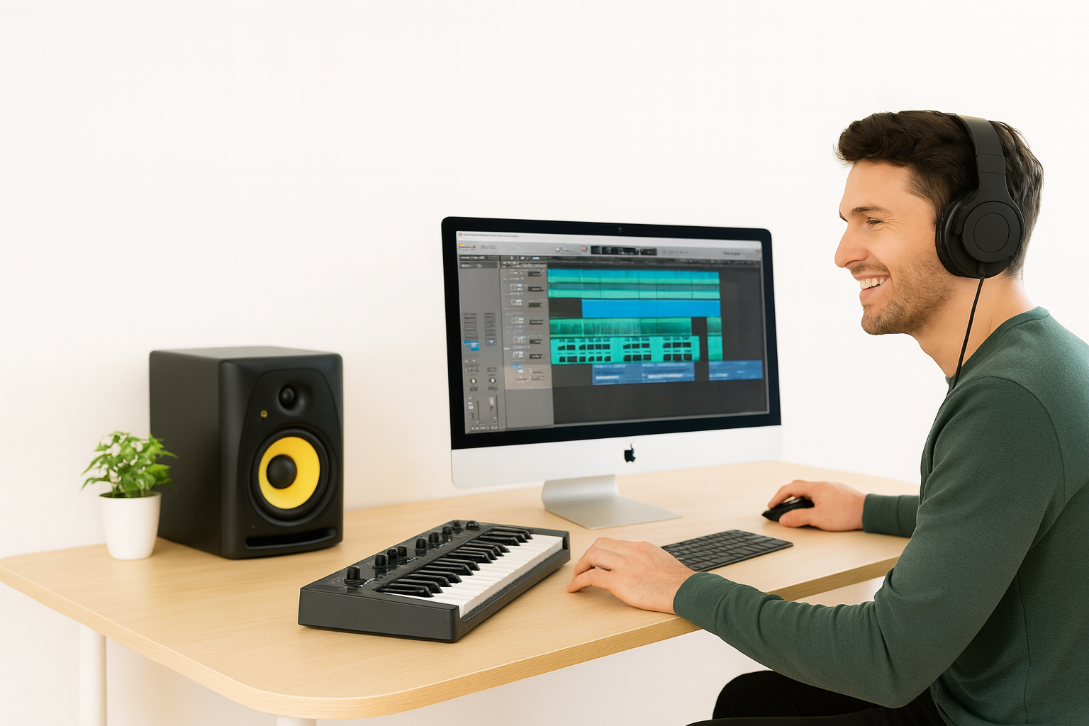 Songwriter at desk with DAW showing finished track